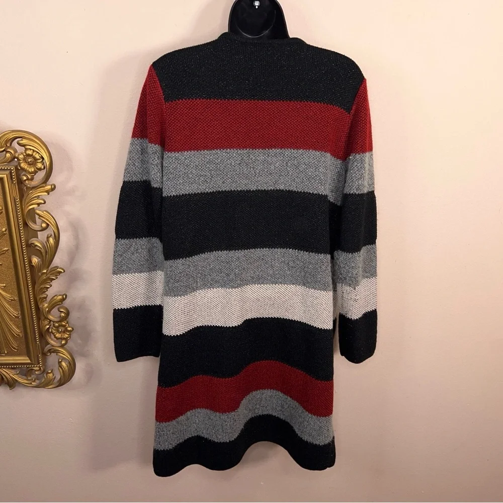 Petite Large IN Studio Colorblock Long Sleeve Open Front Sweater Black Grey Red